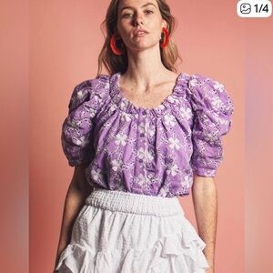 The Shirt French Girl Lavender Eyelet Puff-Sleeve Blouse L